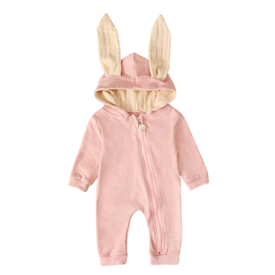 Pink bunny baby onesie with zip closure and floppy bunny ears