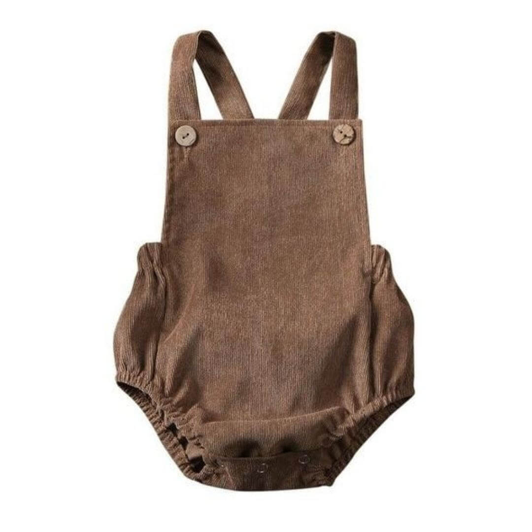Alex Baby Romper in brown corduroy, overalls style