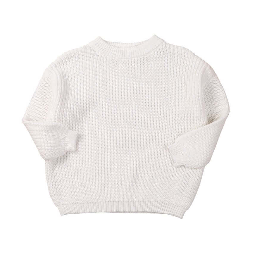 Baby white knit jumper with ribbed cuffs and oversized style