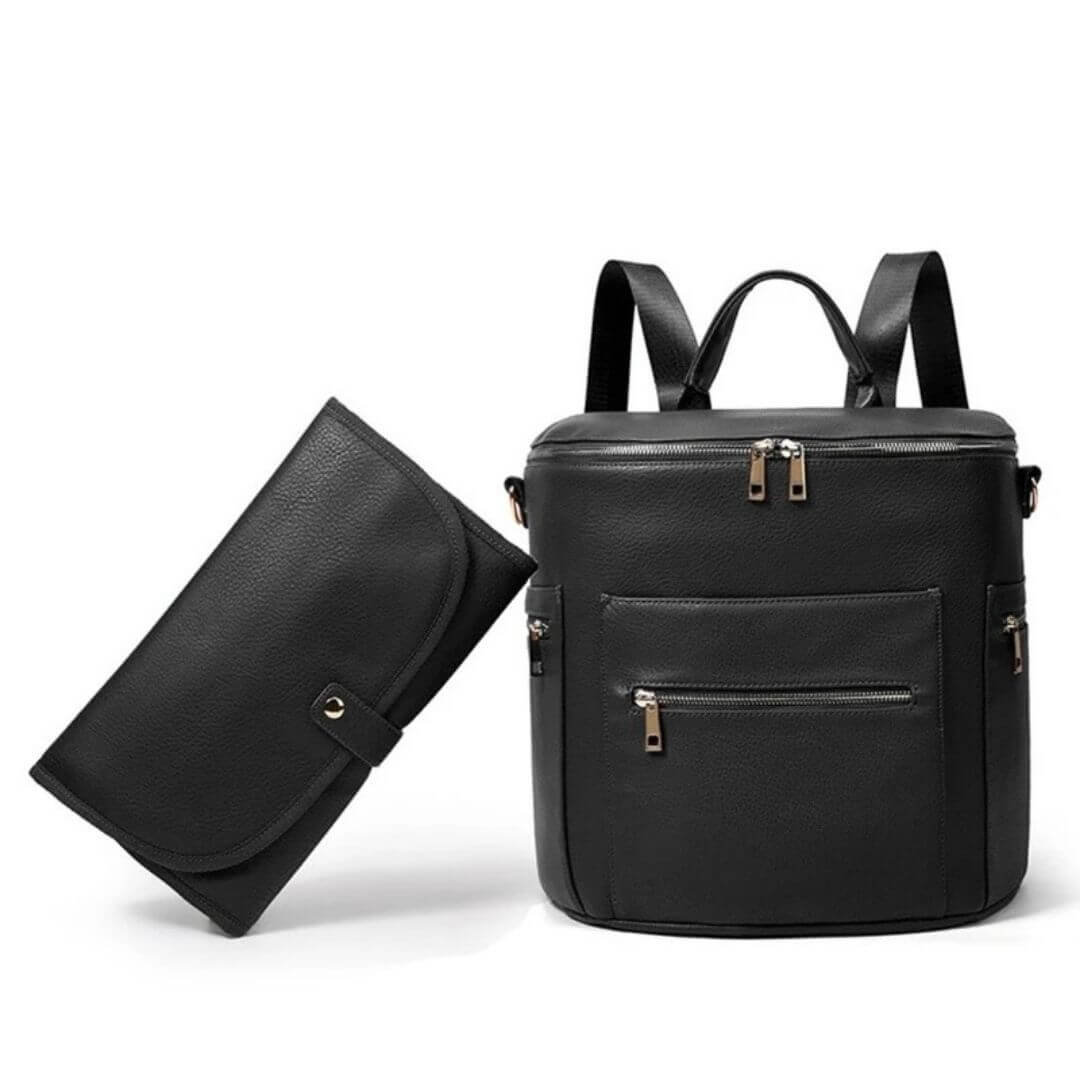 Brooklyn nappy bag in black vegan leather with change mat| Lulu Babe