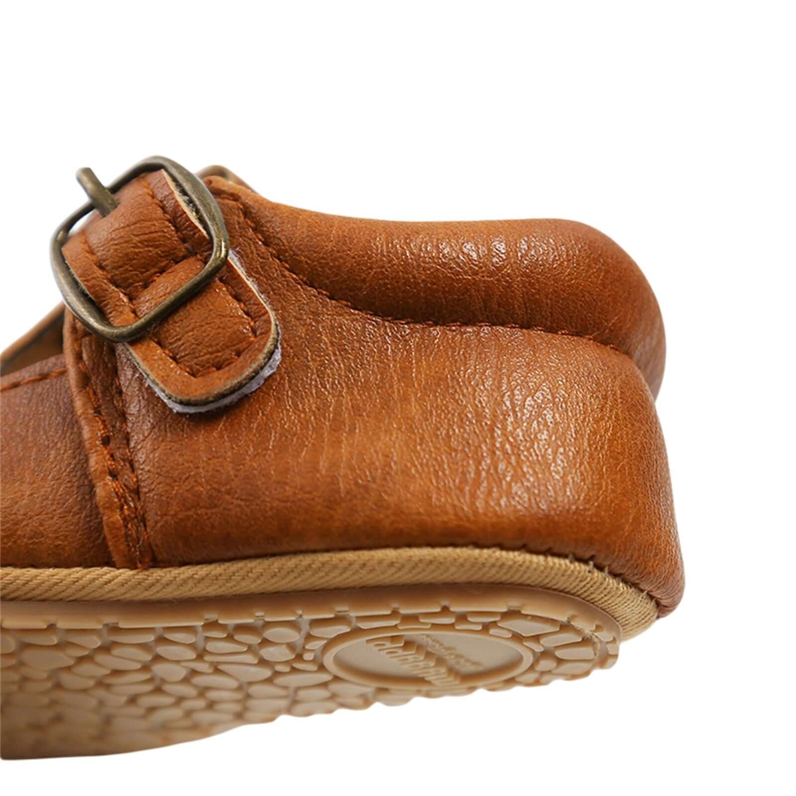 Cutout T-Bar Baby Shoes - tan vegan leather - closeup of bucklet
