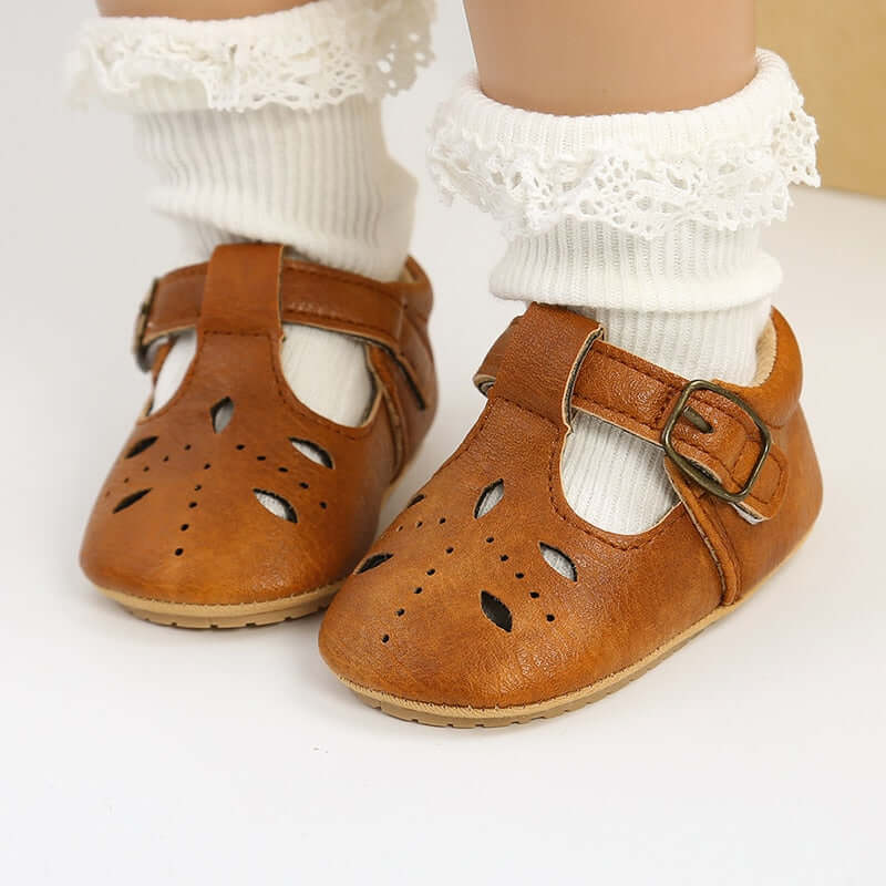 Cutout T-Bar Baby Shoes - tan vegan leather - Lulu Babe