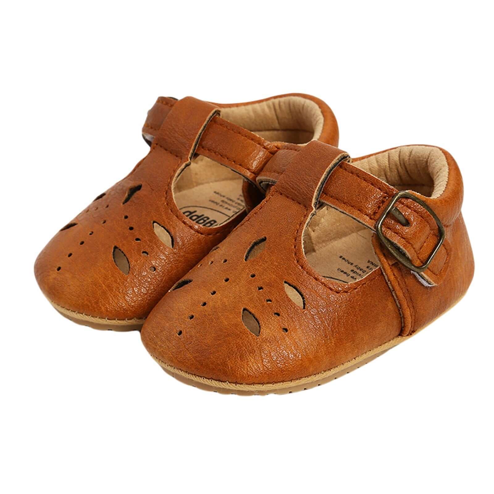 Cutout T-Bar Baby Shoes in tan vegan leather