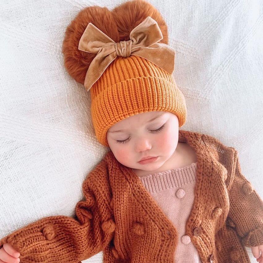 Double Pom Pom Baby Beanie | Girls Luxury Ribbed Beanie - Lulu Babe
