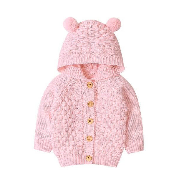 Pink knit baby bear cardigan with hood - Lulu Babe