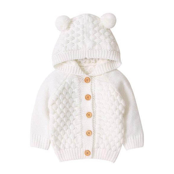 Knit baby bear hooded cardigan in white - Lulu Babe