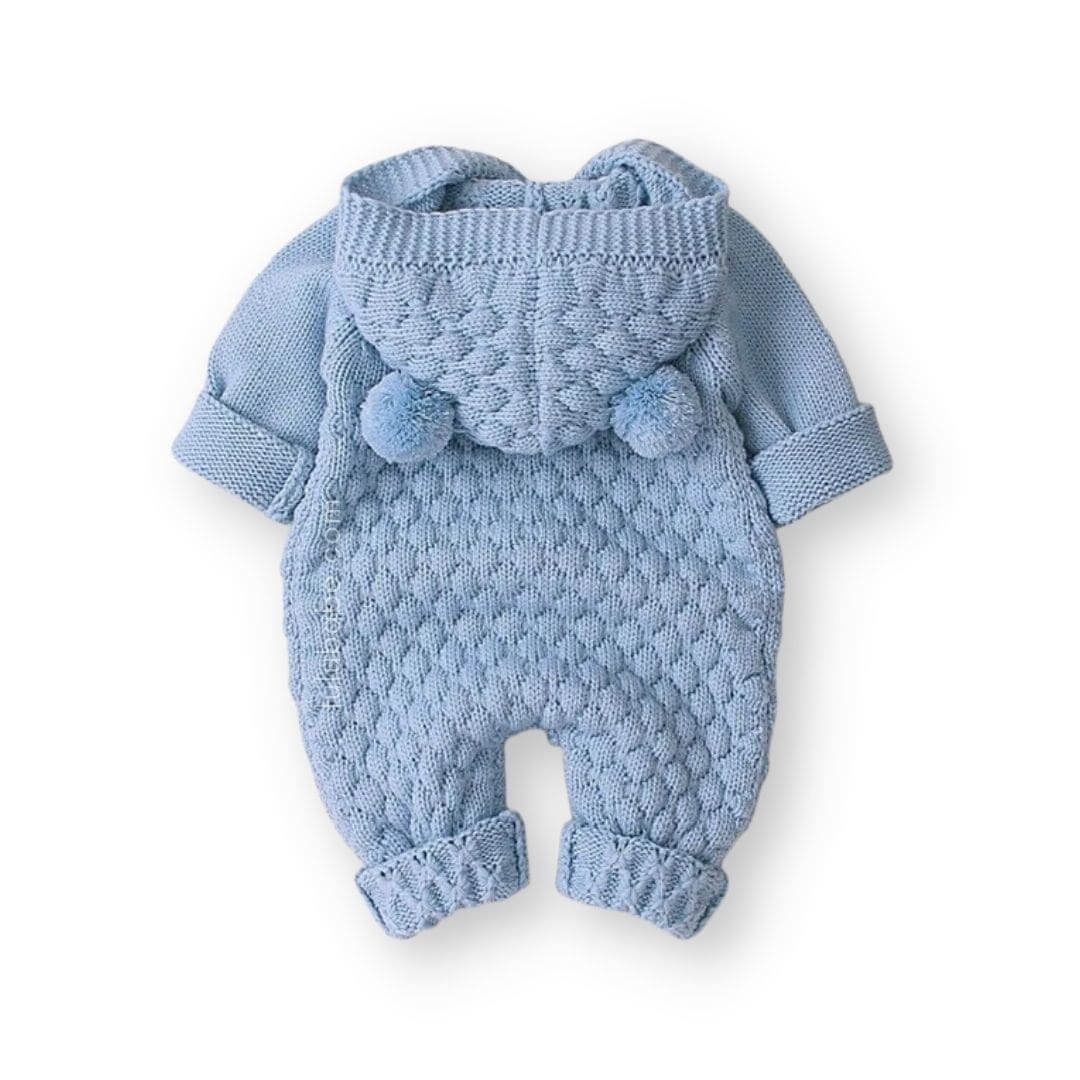 Knit Baby Bear Onesie Blue - reverse view showing the cute hood with bear ears