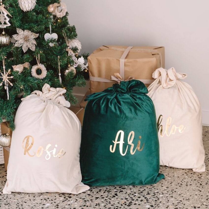 Personalised Santa Sacks (choose from blush, green, red, lilac, cream, silver & navy) | Velvet Kids Christmas Sack - Lulu Babe