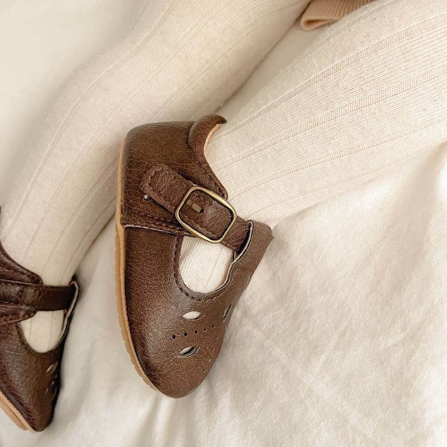Cutout T-Bar Baby Shoes - chocolate brown vegan leather