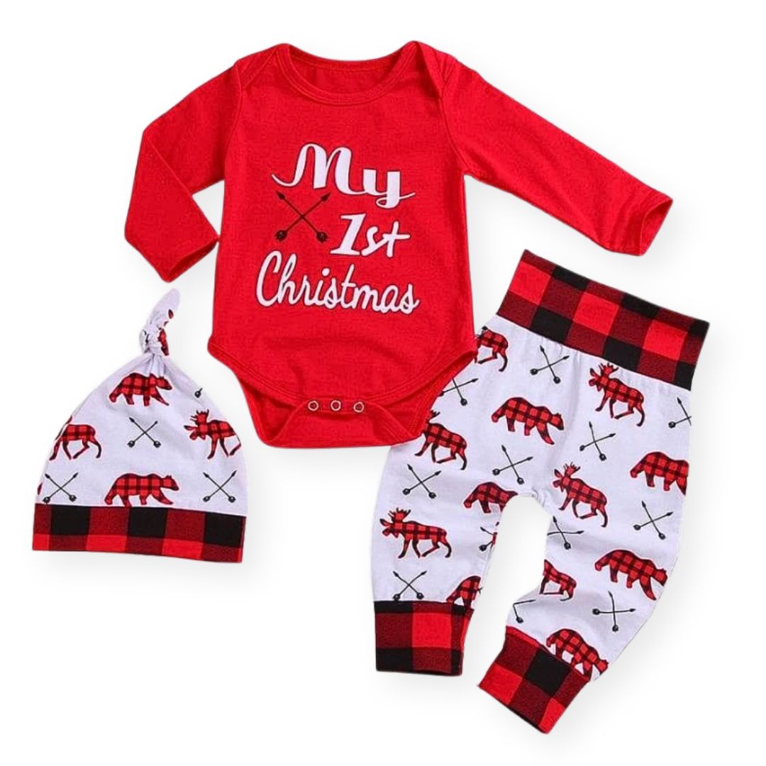 Baby’s first Christmas 3-piece outfit set with red bodysuit, harem pants and beanie