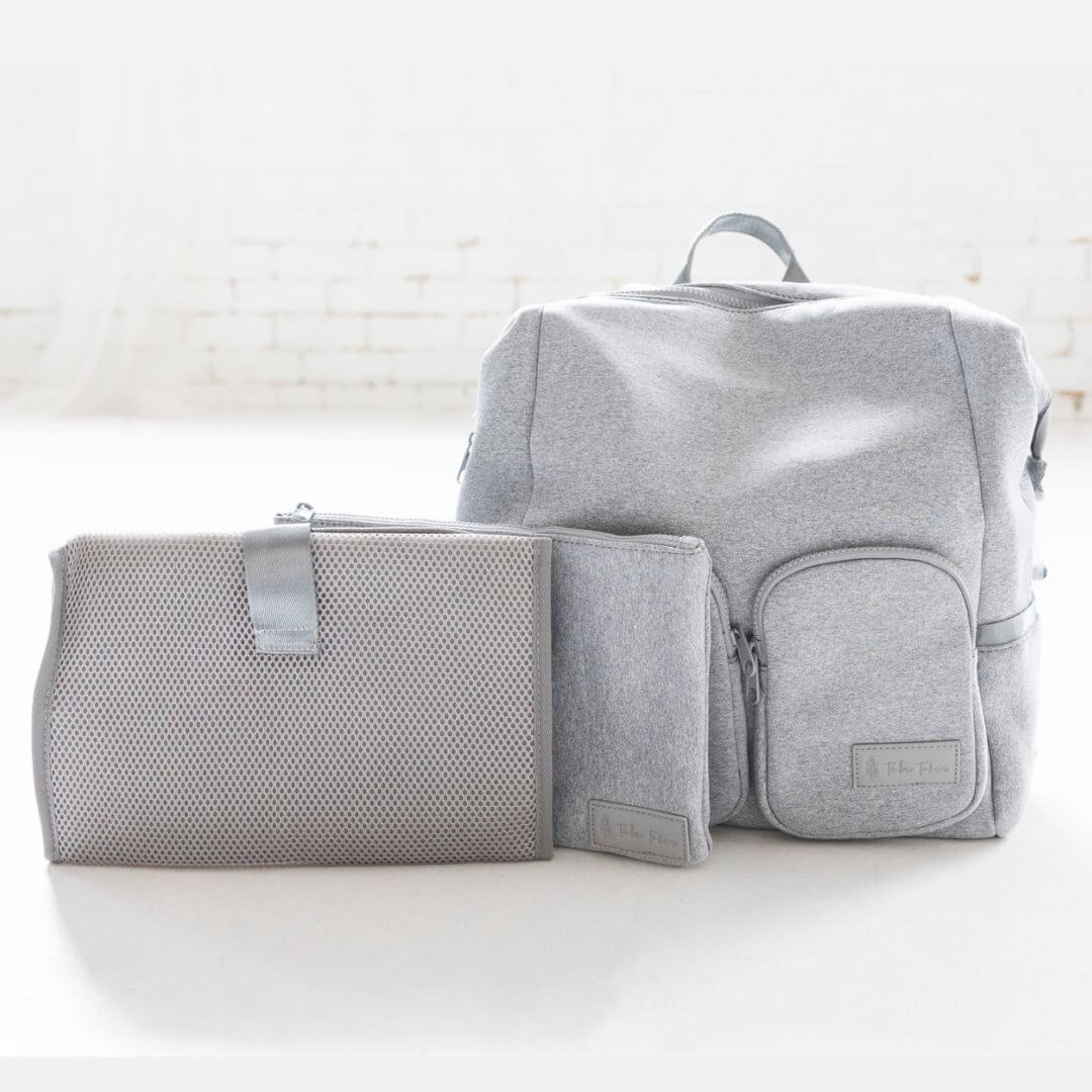 Neoprene nappy bag in grey with matching accessories