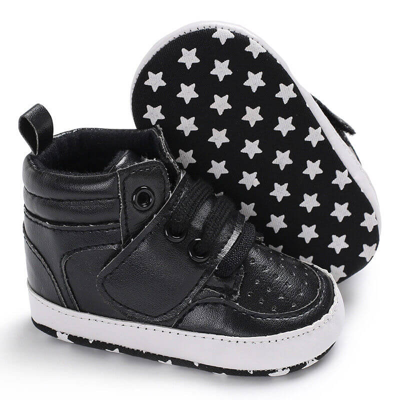 High Top Baby Sneakers Black | Stylish Faux Leather Baby Shoes - Lulu Babe