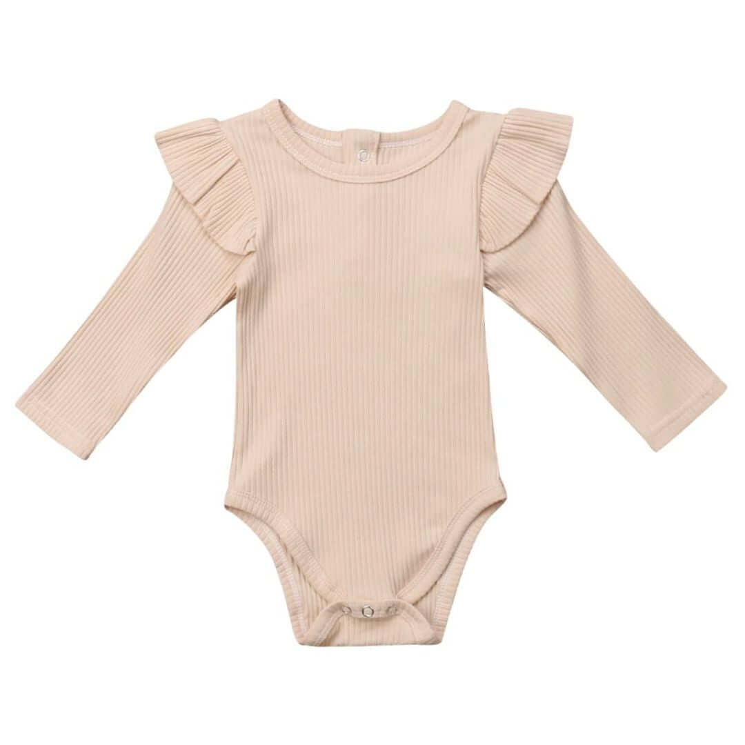 Ribbed Long Sleeve Flutter Romper in beige