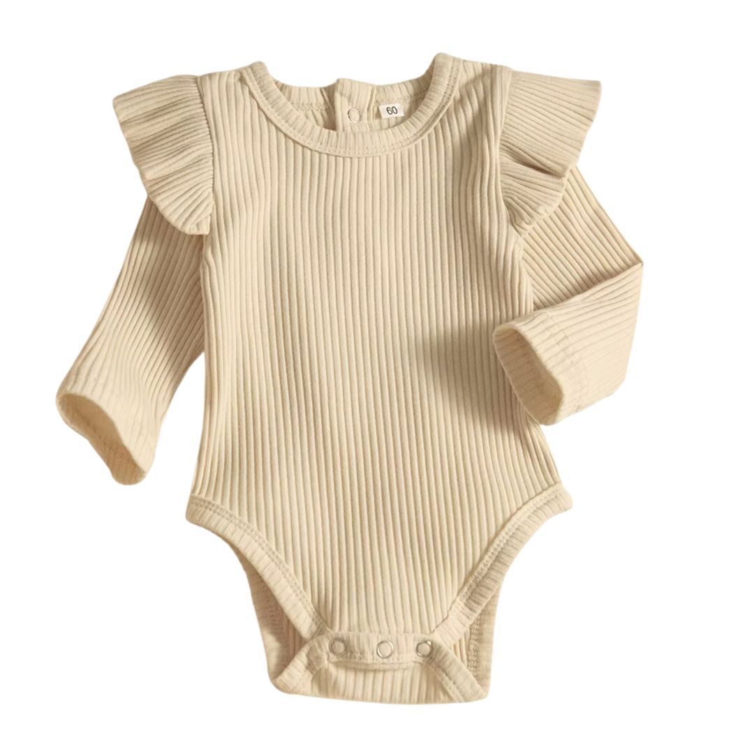 Ribbed Long Sleeve Flutter Romper in beige