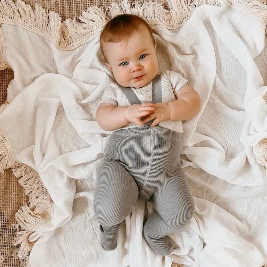 Smiling baby boy wearing grey ribbed suspender tights - Lulu Babe