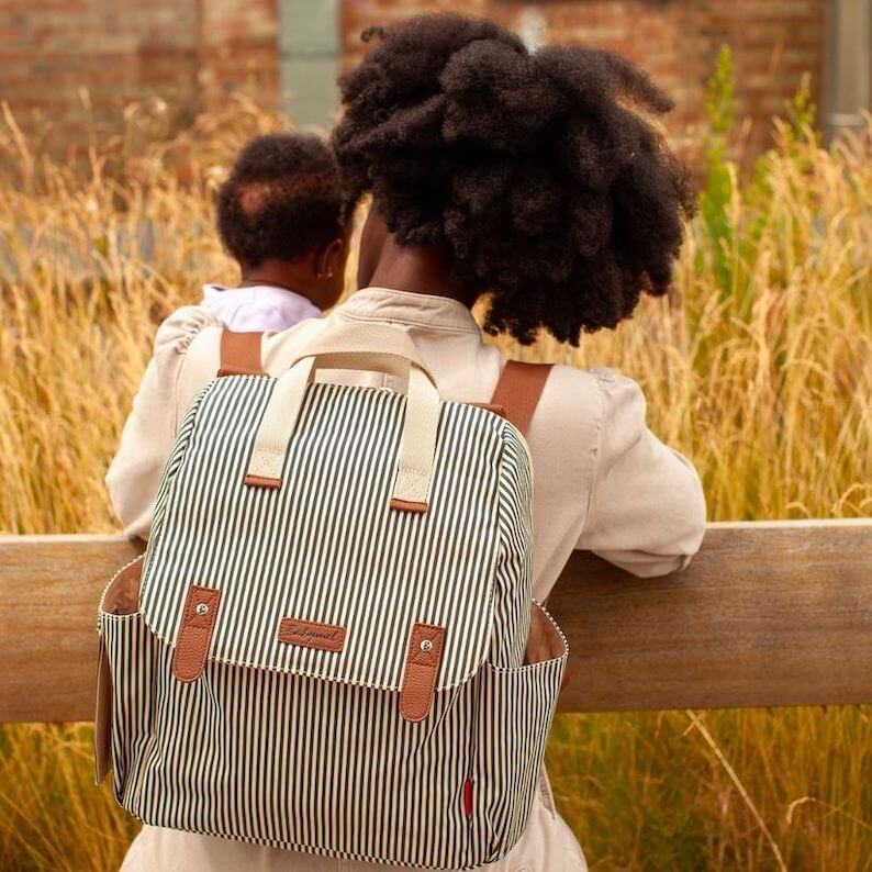 Babymel Robyn Eco Convertible Nappy Backpack - Navy Stripe - lifestyle image