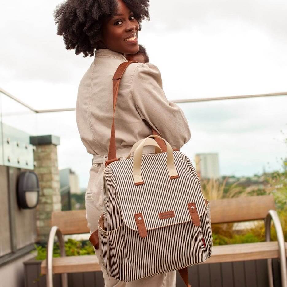 Babymel Robyn Eco Convertible Nappy Backpack - Navy Stripe - lifestyle image