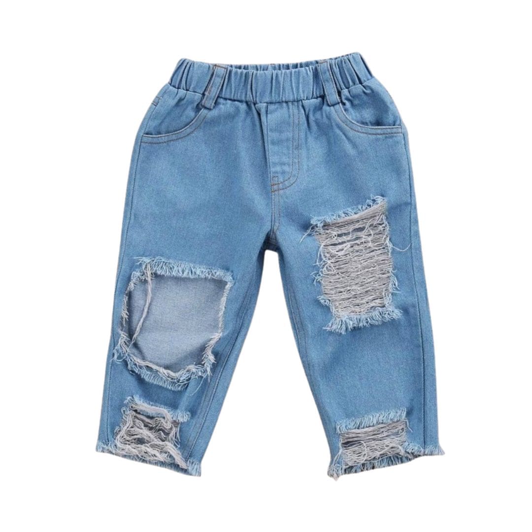 Skye Denim Toddler Set | Blue Jeans & White Off Shoulder Top for Girls - Lulu Babe