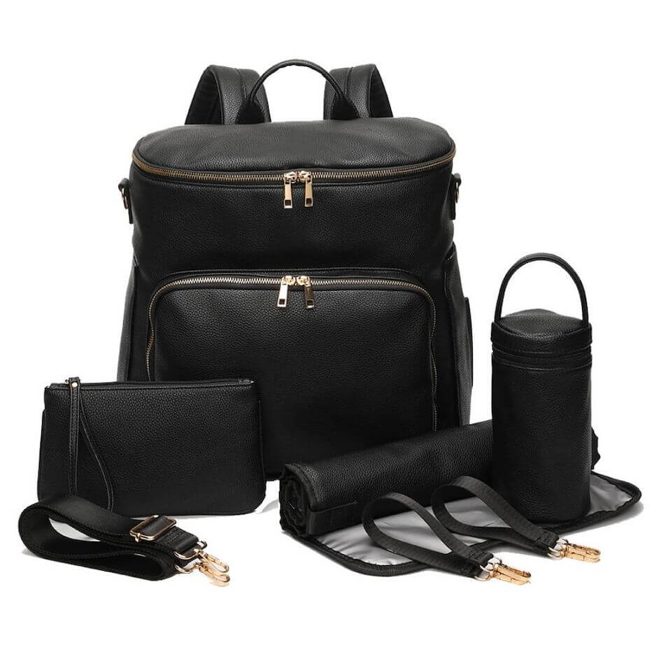 Sofia nappy bag backpack in black vegan leather with complete accessory set