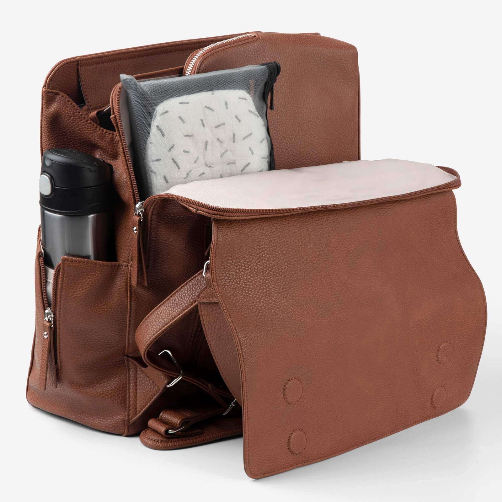 VANCHI Emmy nappy backpack in tan vegan leather - showing organisational pockets