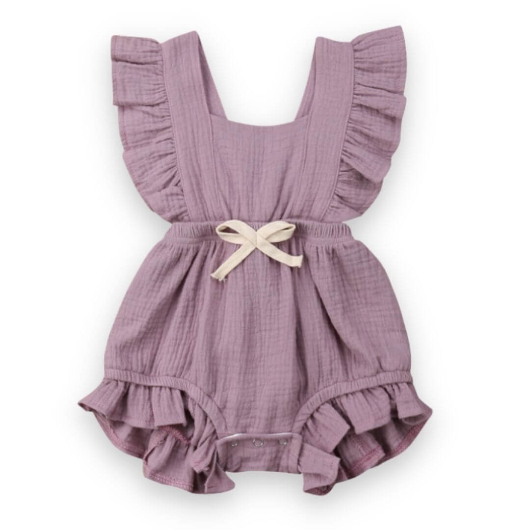 Ruffle baby girl romper in lilac - Lulu Babe