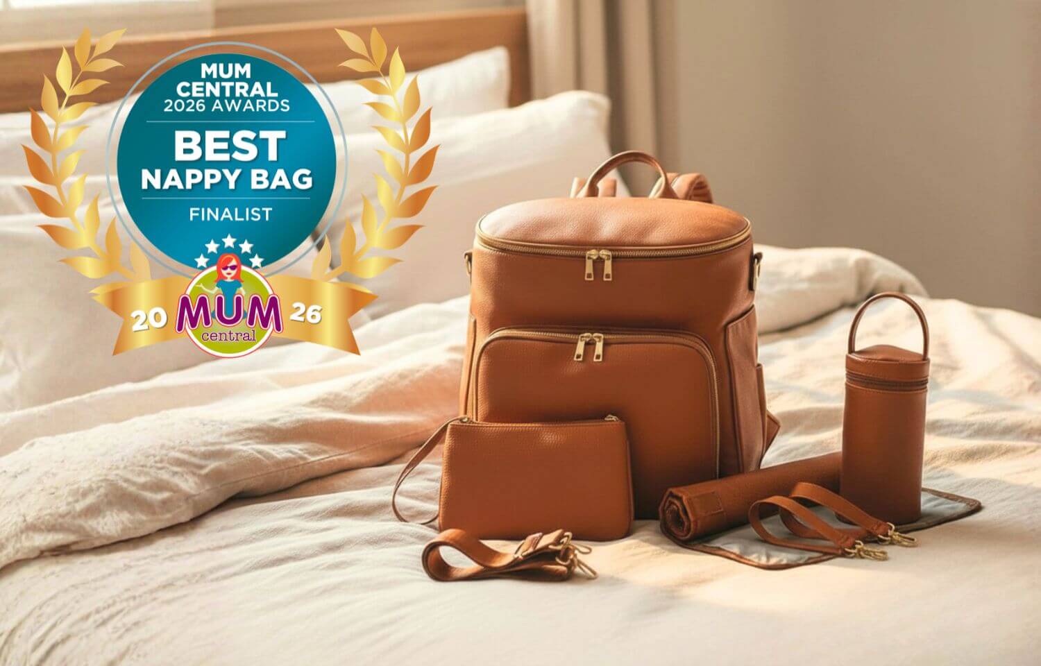 Sofia Nappy Bag with complete 6-piece set - Mum Central 2026 Best Nappy Bag finalist award badge