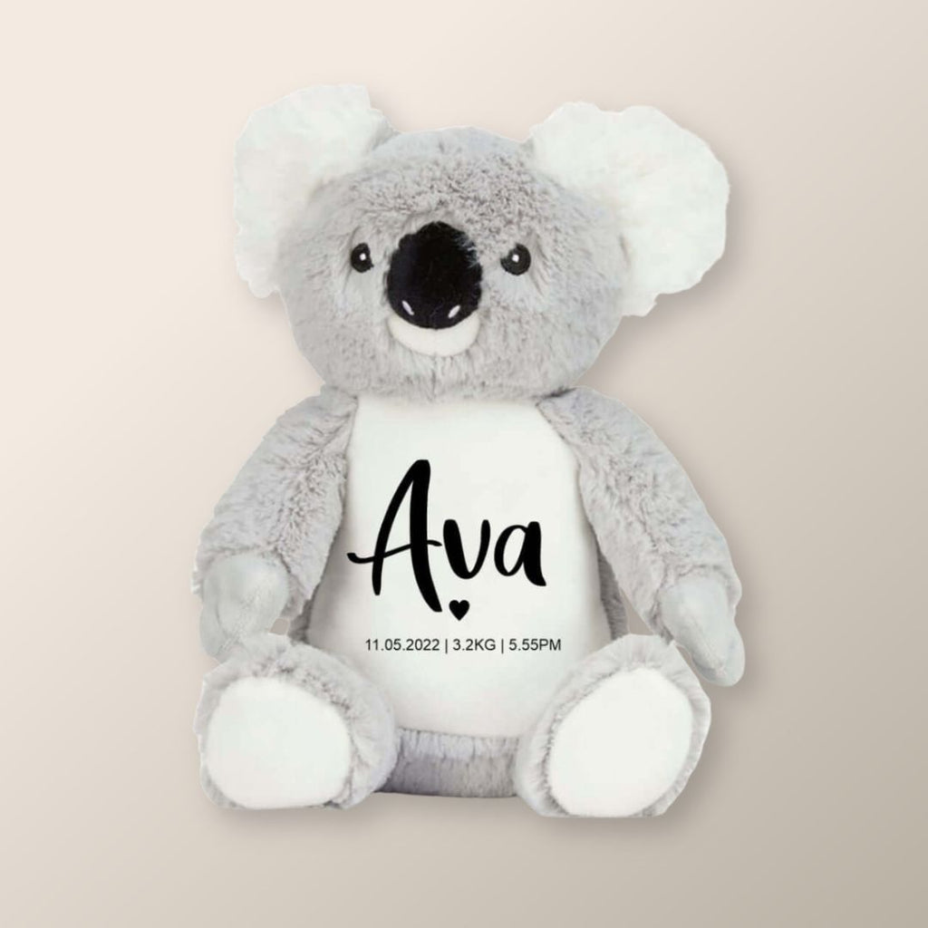 Personalised baby gifts – grey koala plush toy printed with baby’s name and birth details