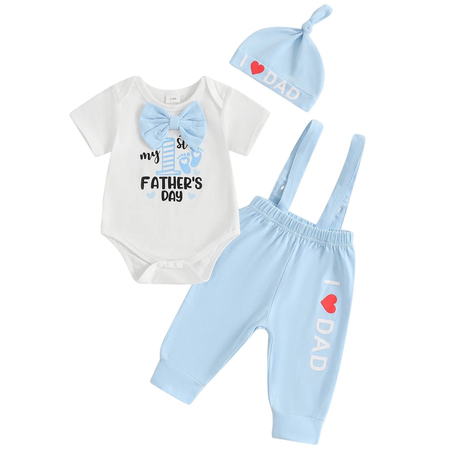 Adorable My 1st Father's Day suspender set with bow tie, bodysuit, and light blue pants for baby boys.