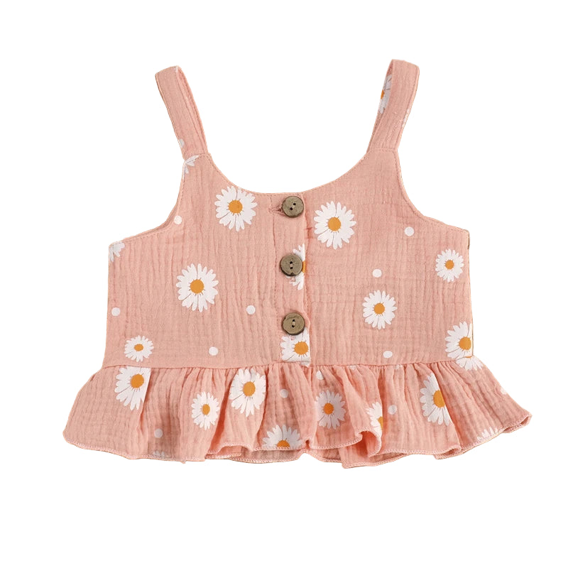 Daisy Ruffle Peplum Set sleeveless top in pink, featuring cheerful daisy print and front buttons, ideal for summer play.