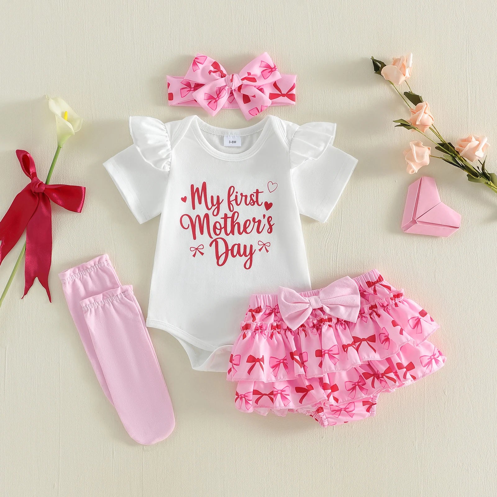 First Mother's Day baby outfit with romper, frill bloomers, headband and socks
