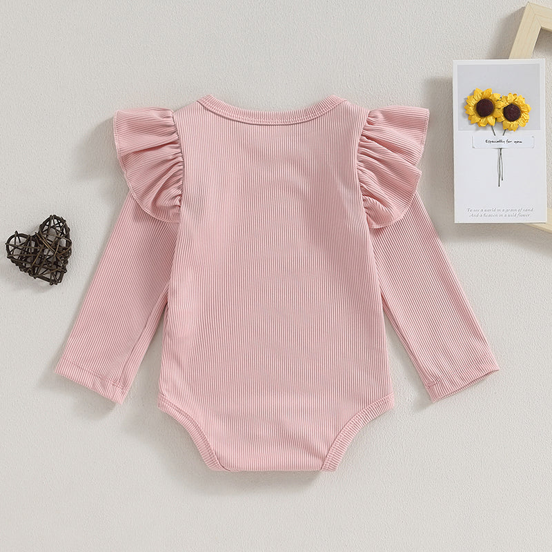 Ribbed Ruffle Long Sleeve Romper in pink for baby girls, featuring stylish shoulder ruffles and soft stretchy fabric.