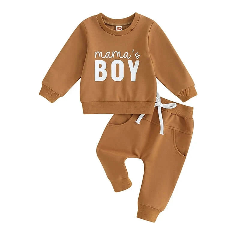 Mama's Boy Baby Outfit | Long Pants & Top Set (0-3 Years) in brown - Lulu Babe