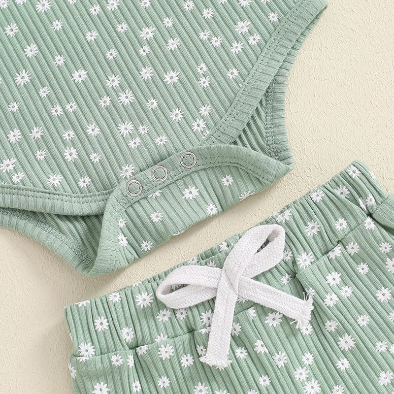 Daisy Mae Floral Set for baby girls featuring a ribbed green onesie and matching floral pants, perfect vintage-inspired outfit.