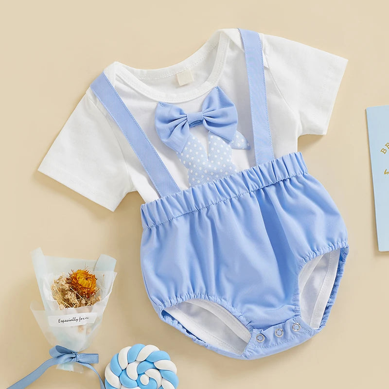 Baby boy Easter outfit with blue suspender bloomers and bodysuit with attached bowtie