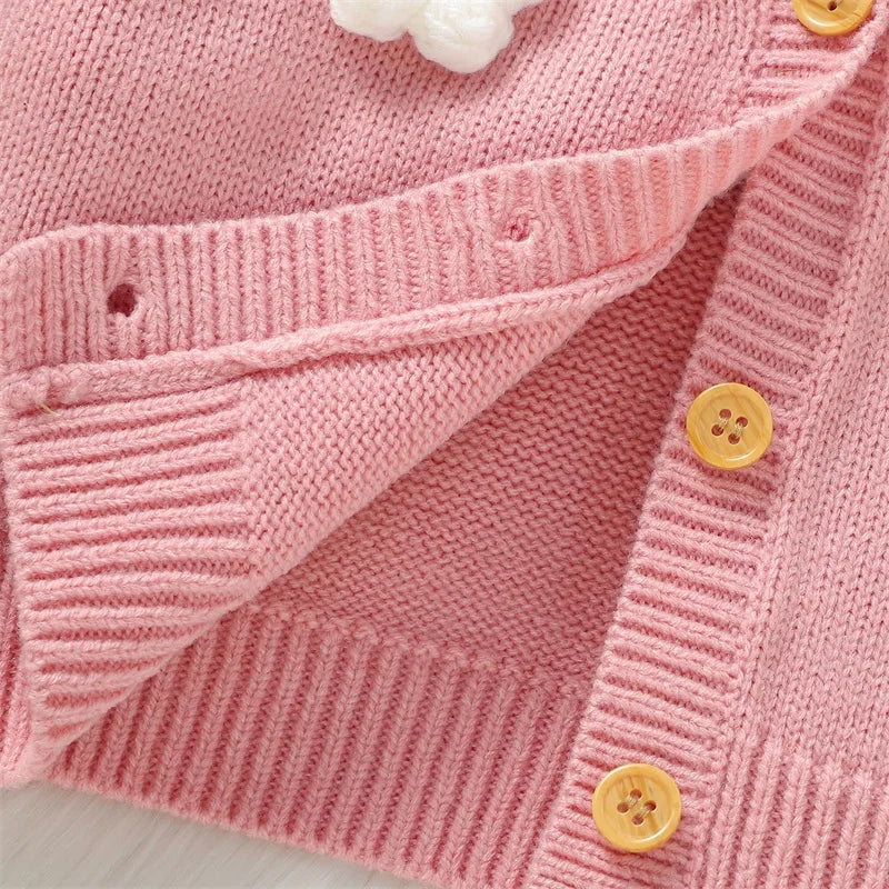 Daisy floral cardigan for baby & toddler girls - pink, showing closeup of buttons