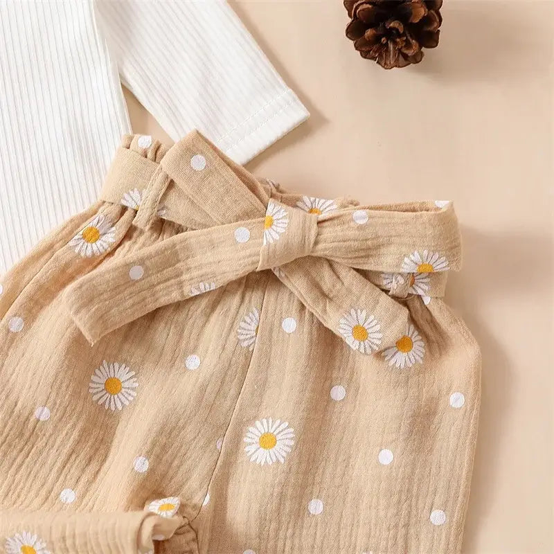 Daisy Muslin Baby Outfit in Beige | Baby Girl Romper, Pants & Headband Set - Lulu Babe