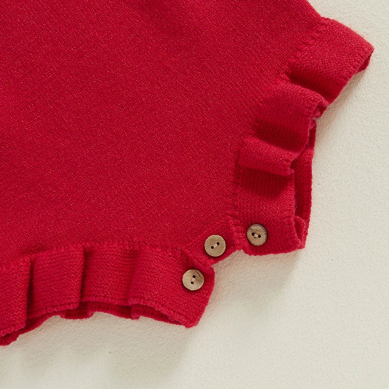 Detail of My First Christmas Romper with ruffled trim and buttons, ideal baby christmas outfit for girls.