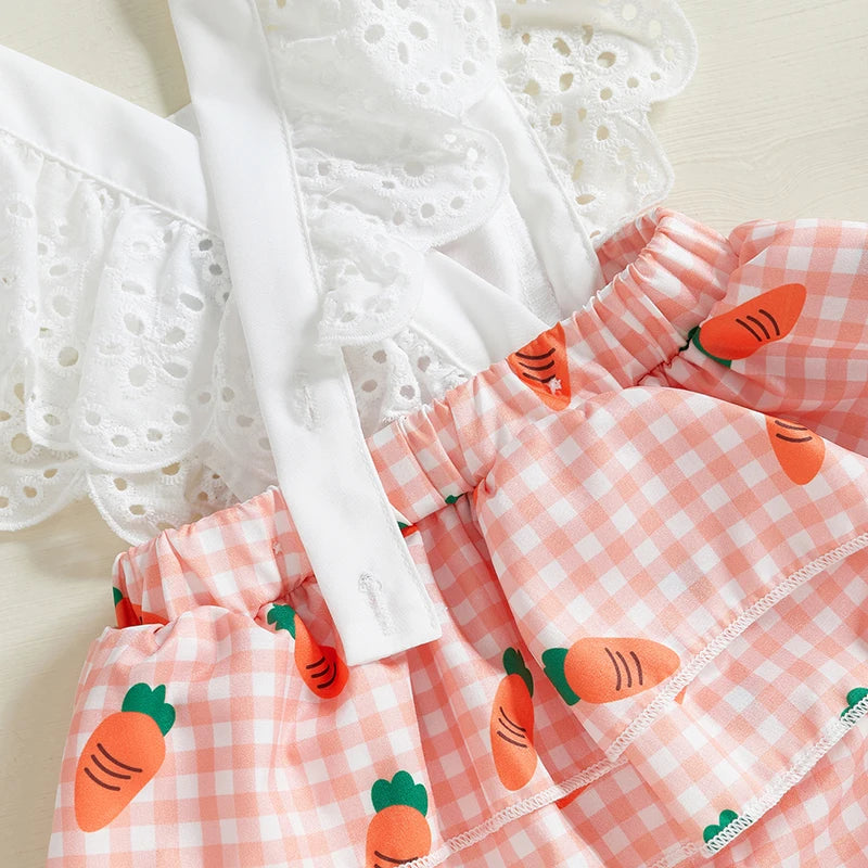 Carrot Gingham Ruffle Romper featuring scalloped sleeves and carrot appliqué for baby Easter outfits.