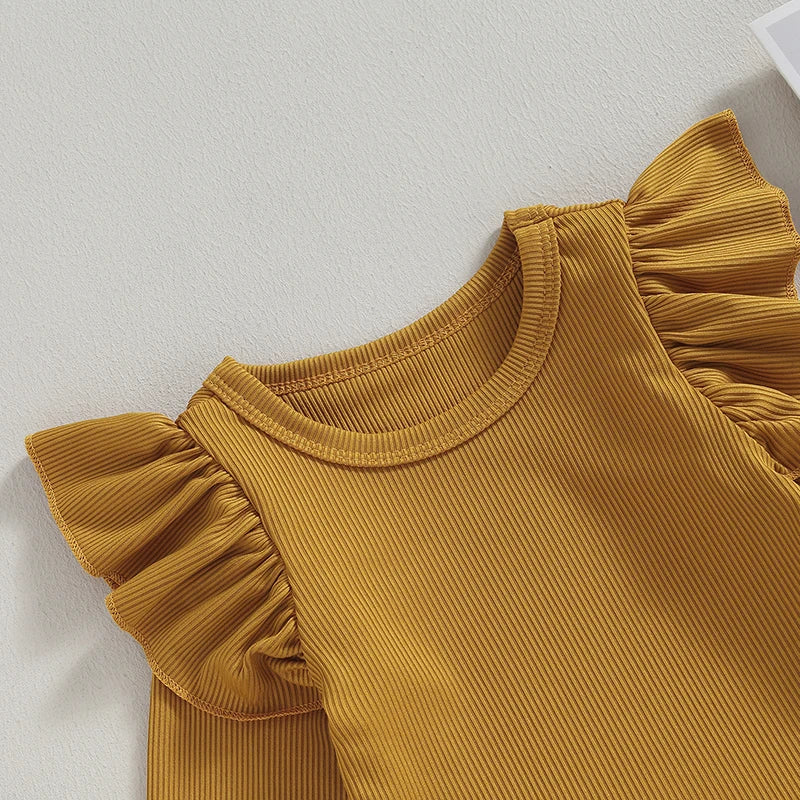 Ribbed ruffle long sleeve romper for baby girls in mustard, featuring soft cotton and stylish shoulder ruffles.