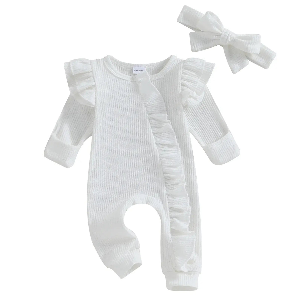 Whitney Long-Sleeve Ruffle Newborn Baby Onesie with zip closure in white