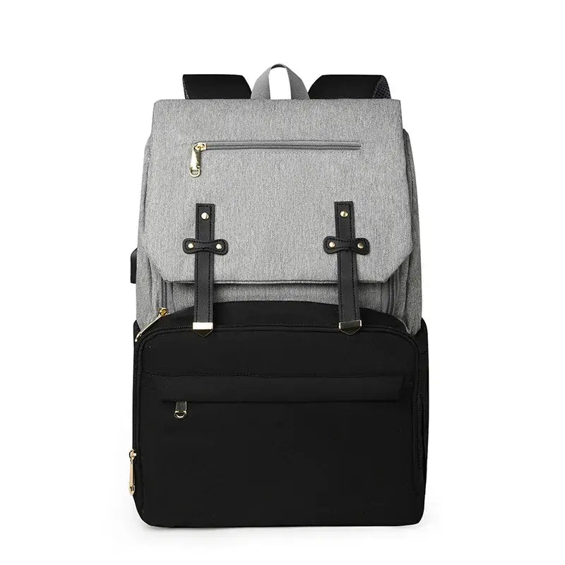 Vienna Nappy Backpack in grey and black, a lightweight unisex baby backpack with insulated bottle pockets and changing mat.