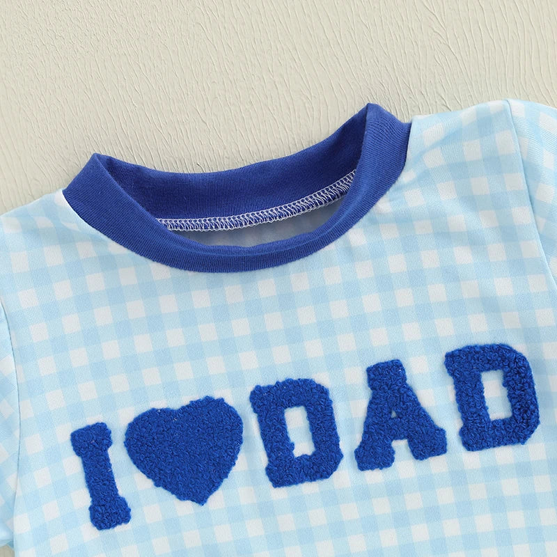 I Love Dad blue gingham romper collar with embroidered letters on chest, perfect for little boys.