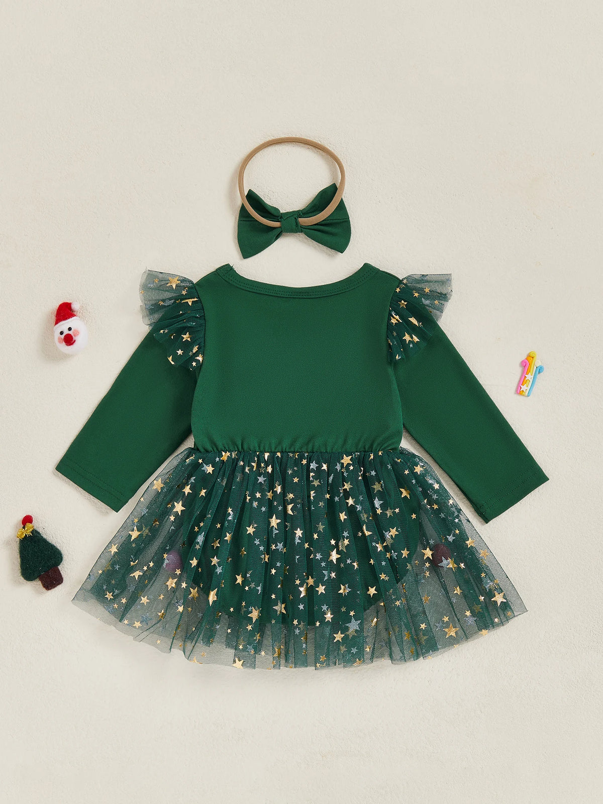 My 1st Christmas Star Tutu Dress for baby girls, featuring a green bodice and glittery star mesh tutu, perfect for first Christmas outfit.