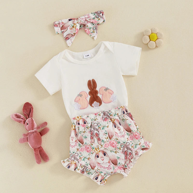 Baby bodysuit with three bunnies, floral ruffle bloomers with fluffy tail, and matching headband