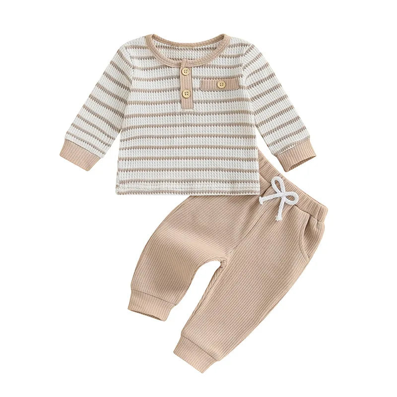 Xavier Waffle Stripe Baby Boy Set in tan, featuring long-sleeve striped top and comfy ribbed pants.