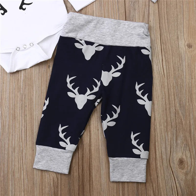 Navy pants with grey deer head print, part of the Little Man Deer Set for adorable little boys.