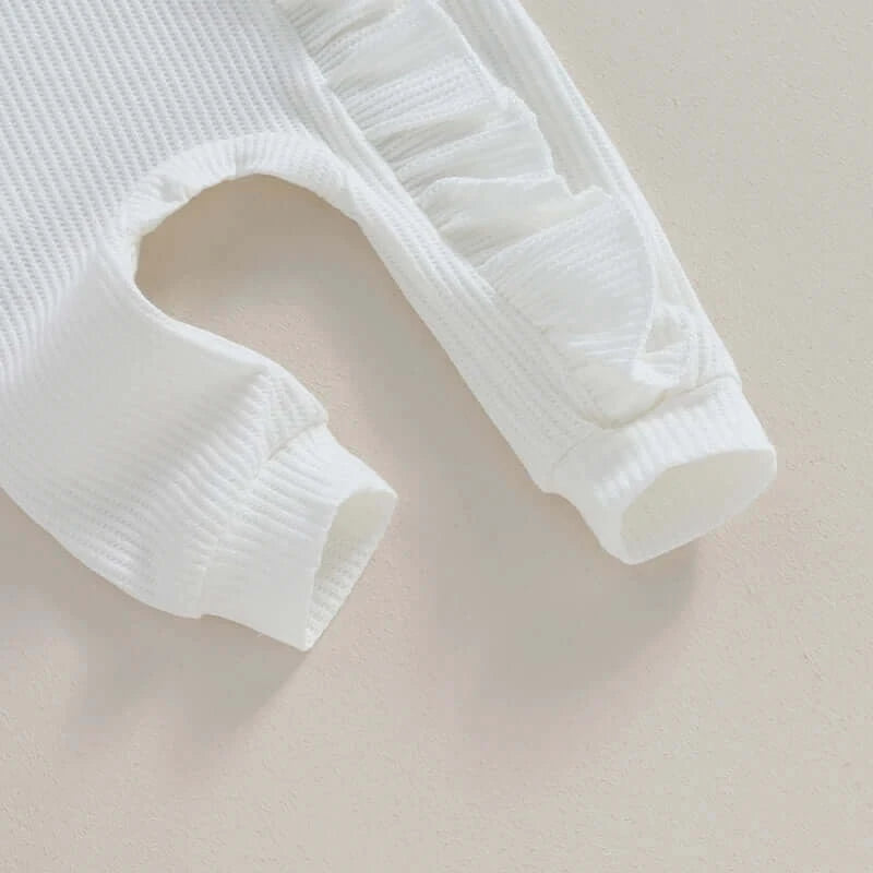 Whitney Ruffle Zipper Baby Onesie in white | Newborn Coming Home Outfit - Lulu Babe