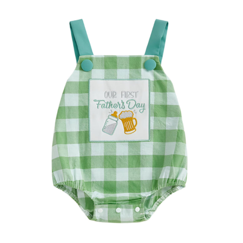 Green gingham romper for first Father's Day with embroidered patch and button straps, perfect for boys or girls.