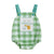 Green gingham romper for first Father's Day with embroidered patch and button straps, perfect for boys or girls.