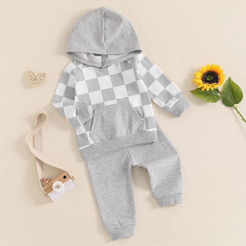 Evan Check Hoodie Trackie Set in grey with check print sleeves, perfect for active babies & toddlers